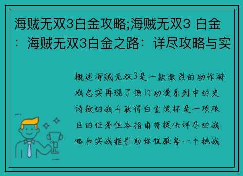 海贼无双3白金攻略;海贼无双3 白金：海贼无双3白金之路：详尽攻略与实战指引
