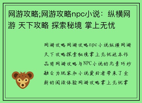 网游攻略;网游攻略npc小说：纵横网游 天下攻略 探索秘境 掌上无忧